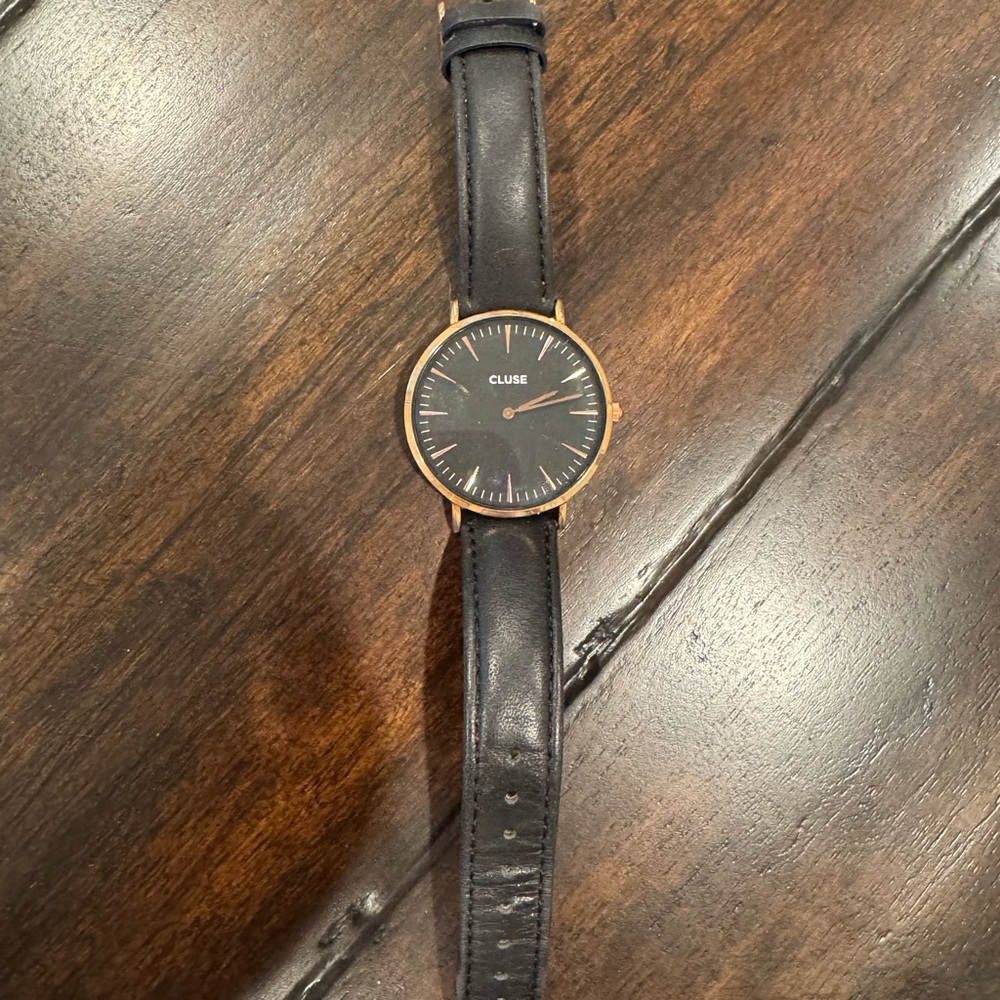 Cluse Black Leather Strap Watch
